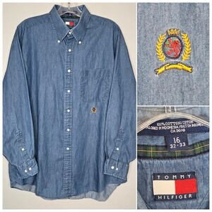Tommy Hilfiger Mens Vintage Denim Button Down Shirt Blue Crest Logo 16 32-33